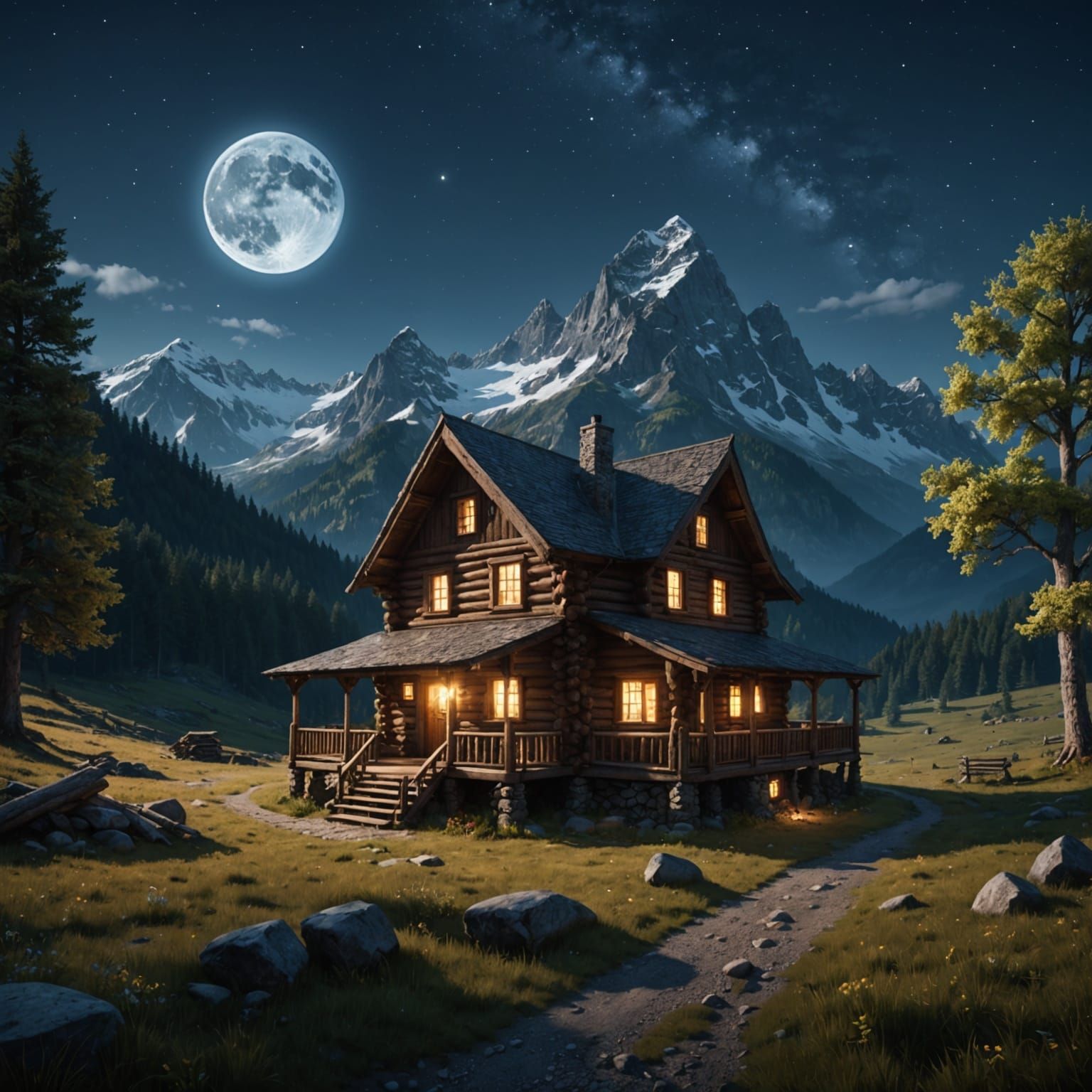 Log Cabin Under Full Moon: Fantasy Matte Painting