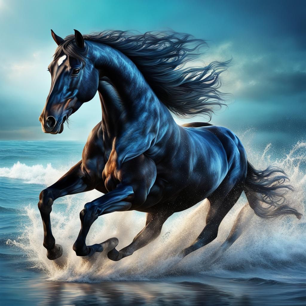 Black Horse Running by the Sea: Hyperrealistic Art