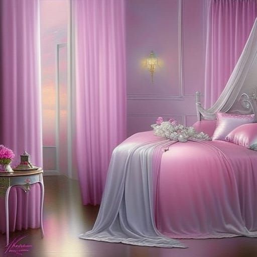 Ethereal Girl in Satin Bedroom, Fantasy Art