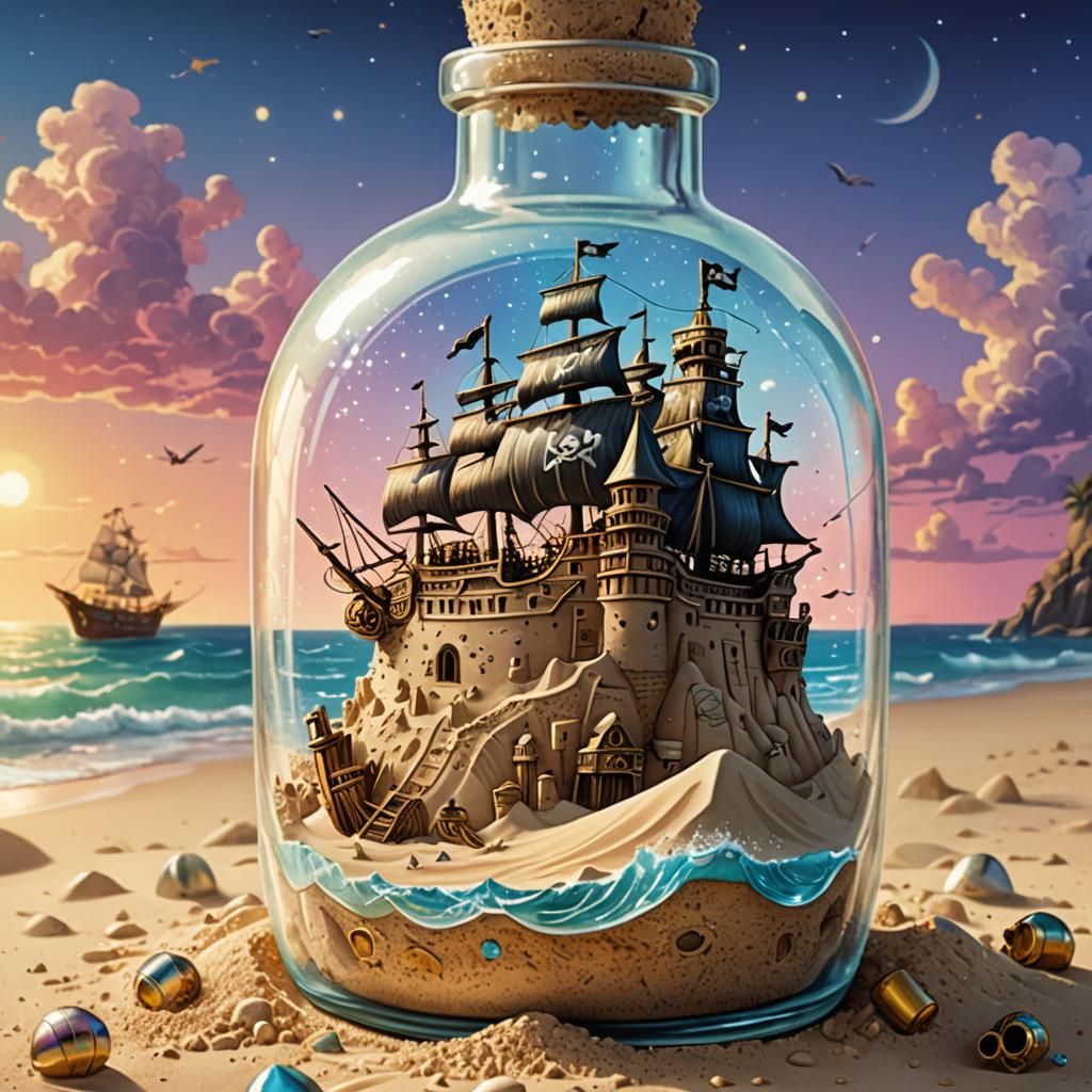 Pirate Ship Sandcastle in Glass Bottle, Comic Art