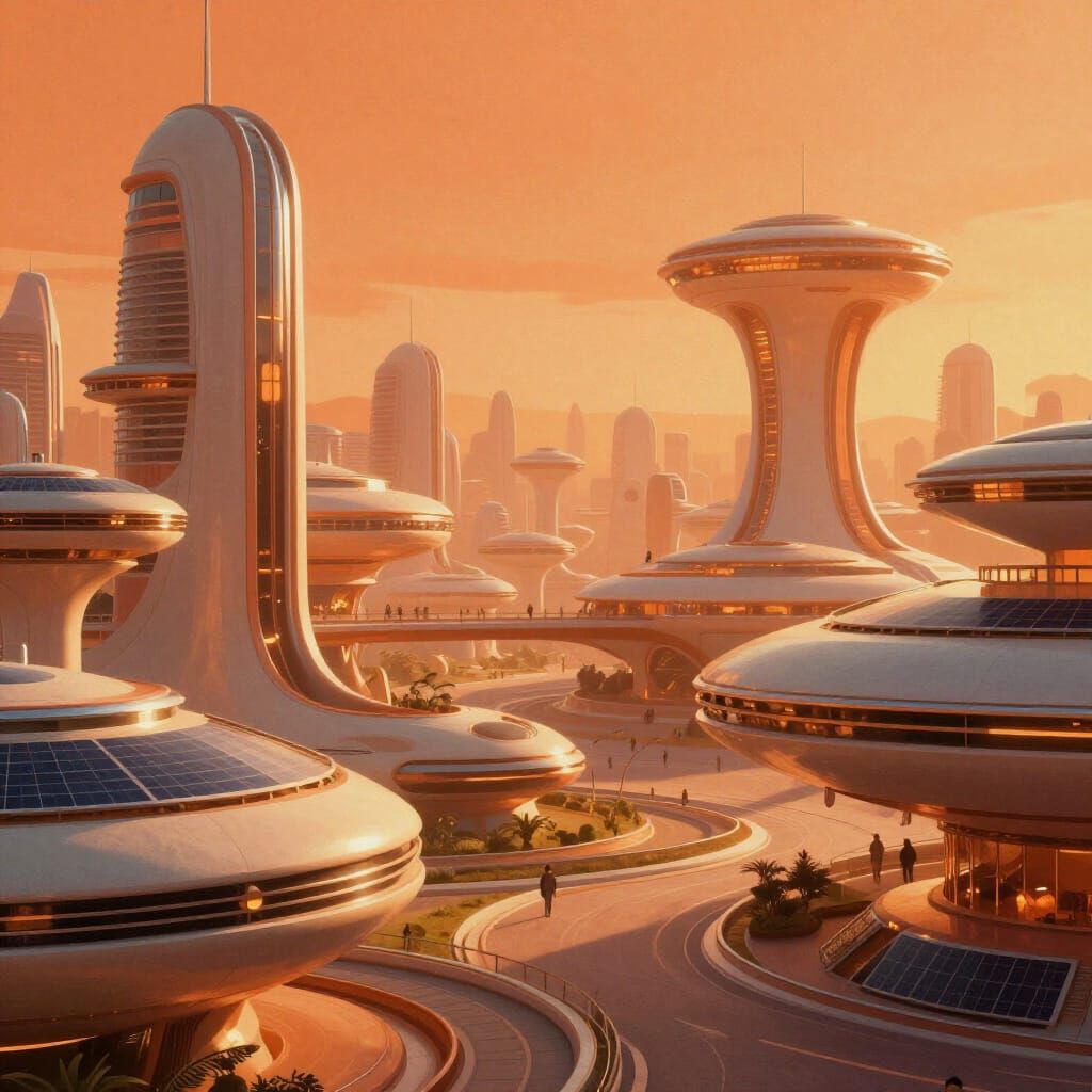 Retro-Futuristic Utopian City in Golden Hour Light