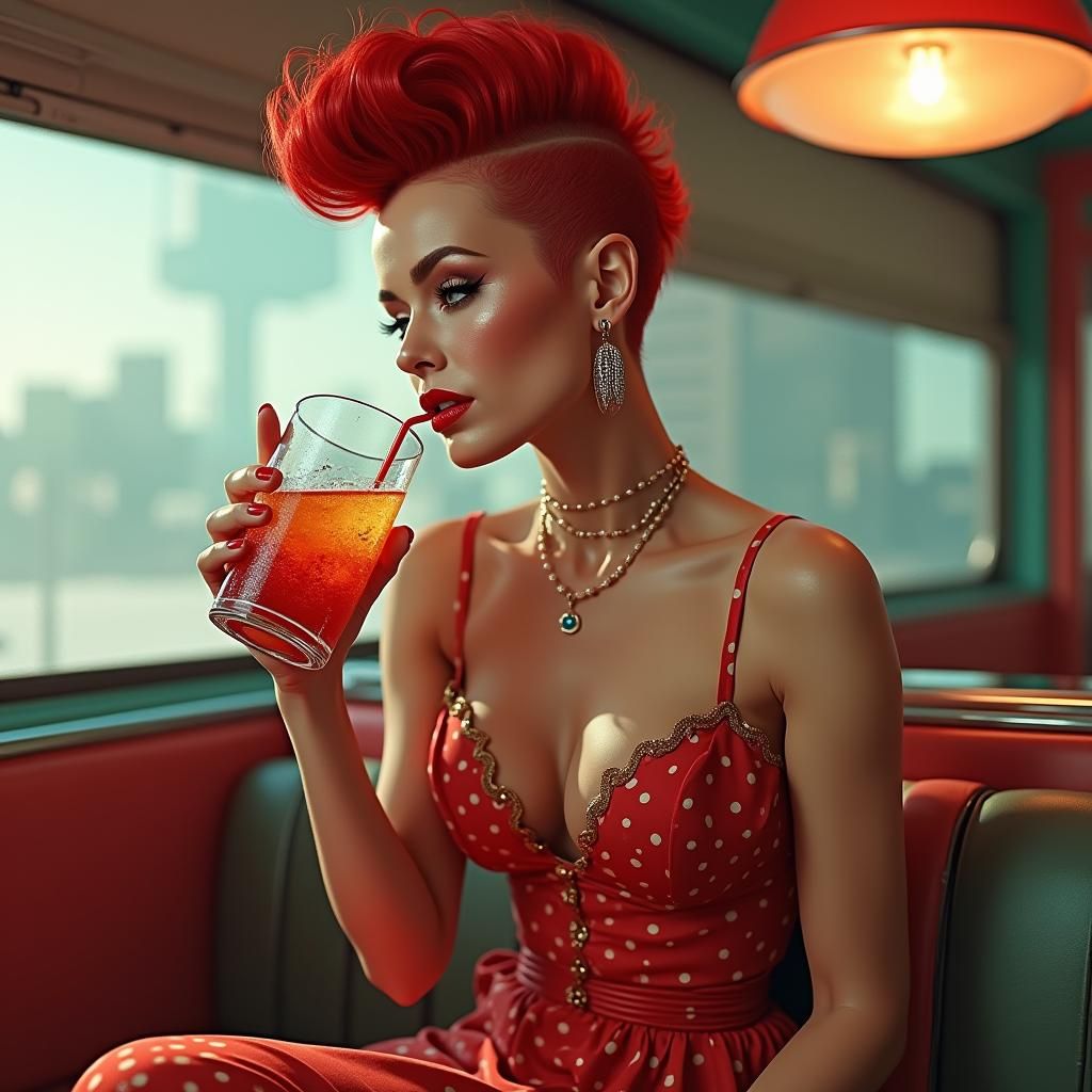 Dystopian Diva with Red Mohawk in Concept Art Style