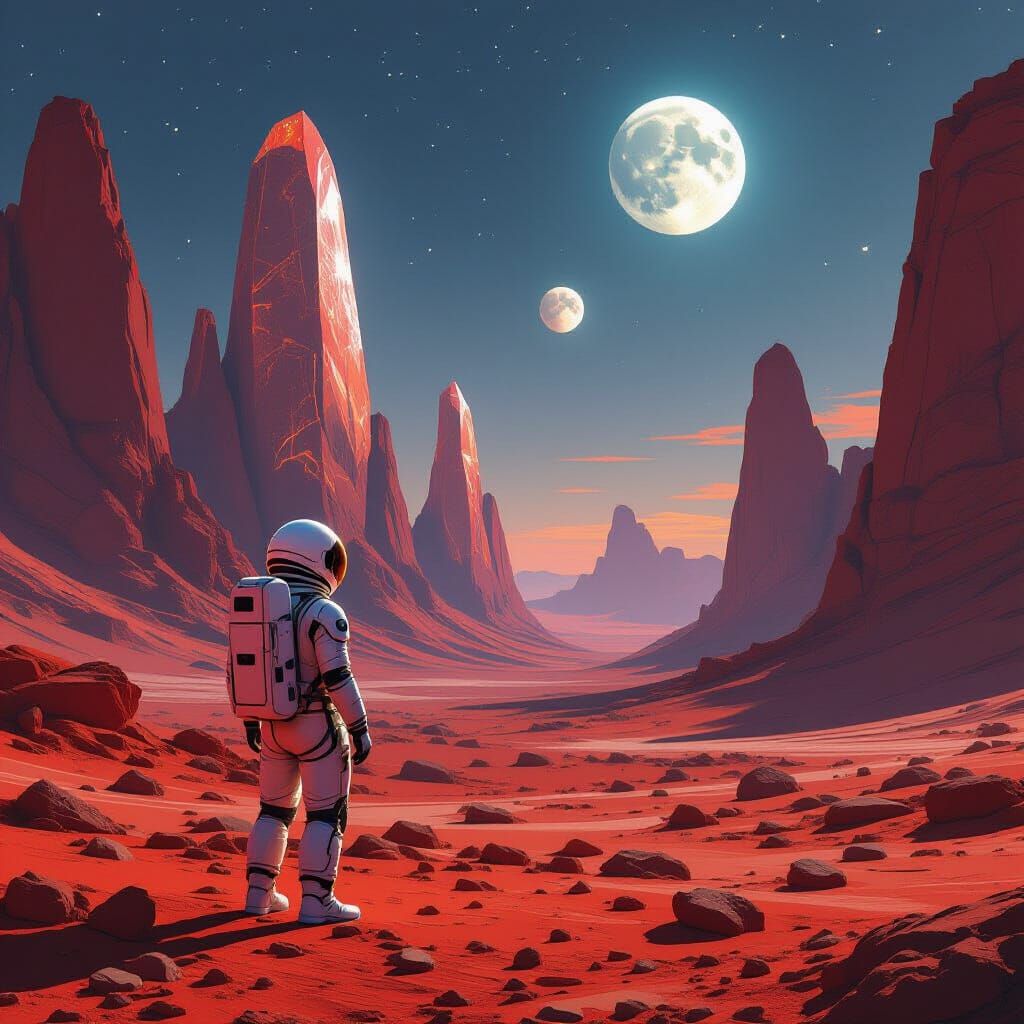 Astronaut Gazes at Bioluminescent Crystals on Alien World