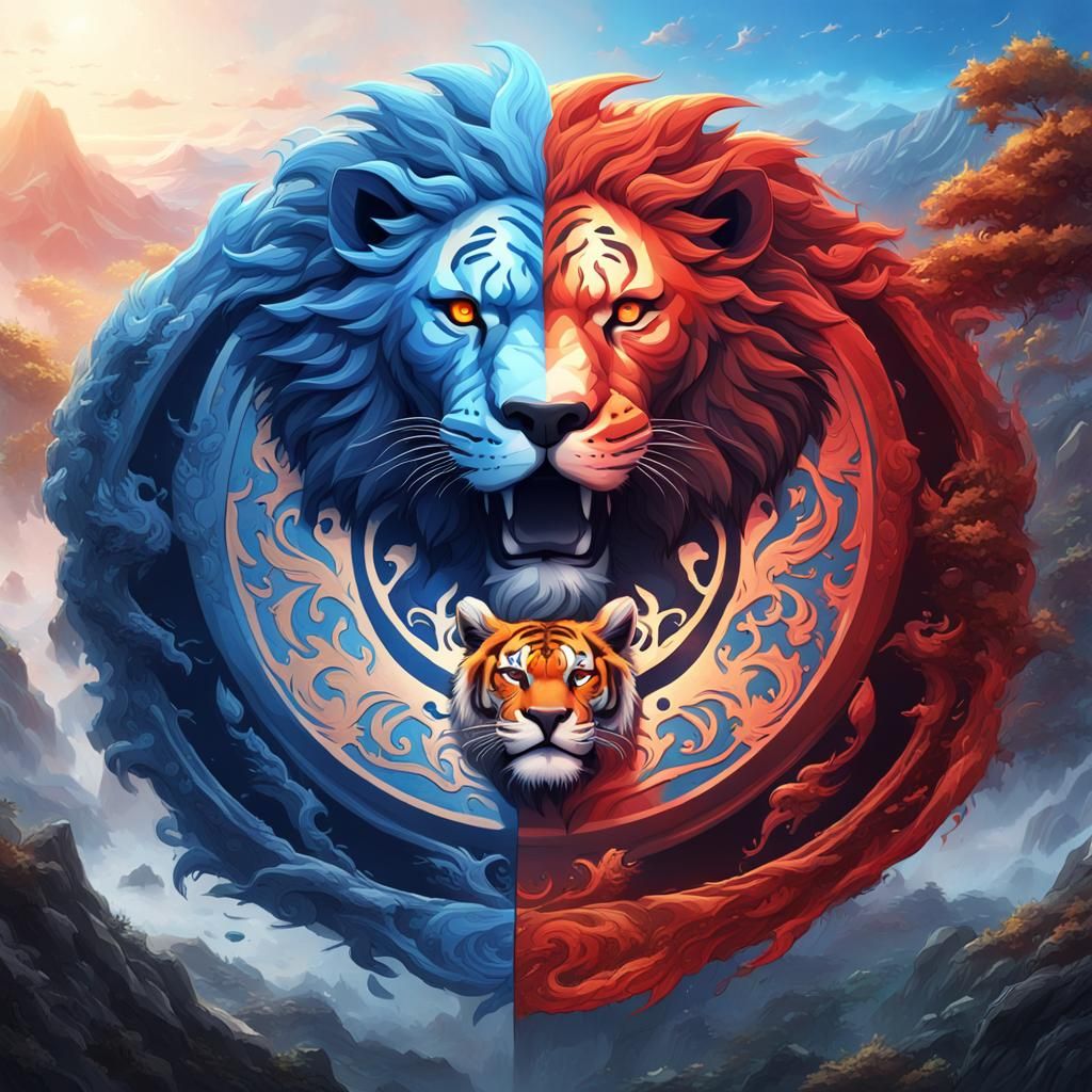 Detailed Yin Yang With Lion and Tiger in 3D Anime Art