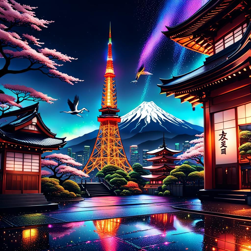 Tokyo Tower in Iridescent Doodle Art Style