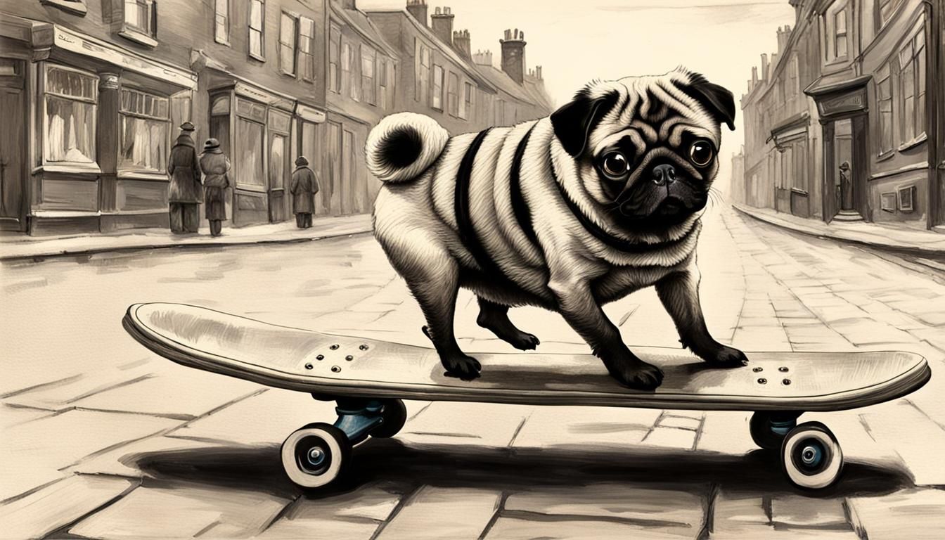 Pug on Skateboard in Victorian Street Scene