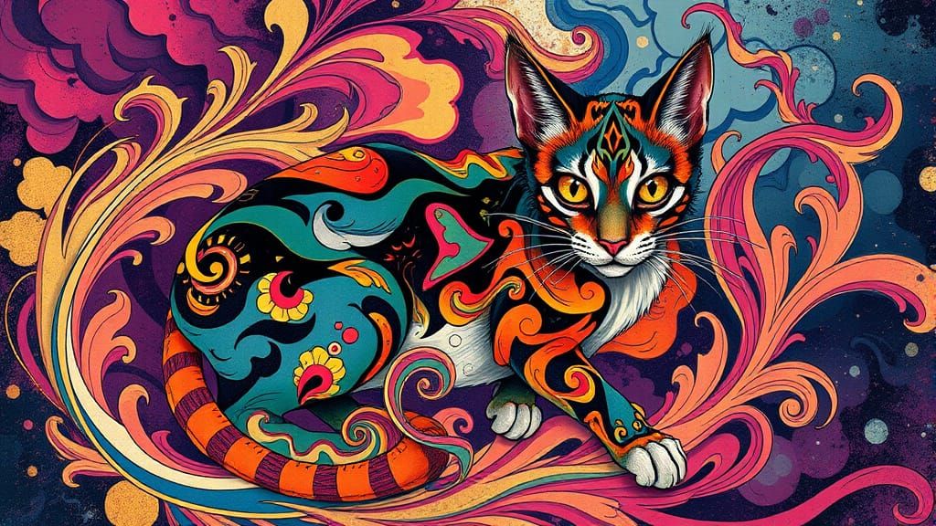 Abstract Feline in Vibrant Digital Painting Style
