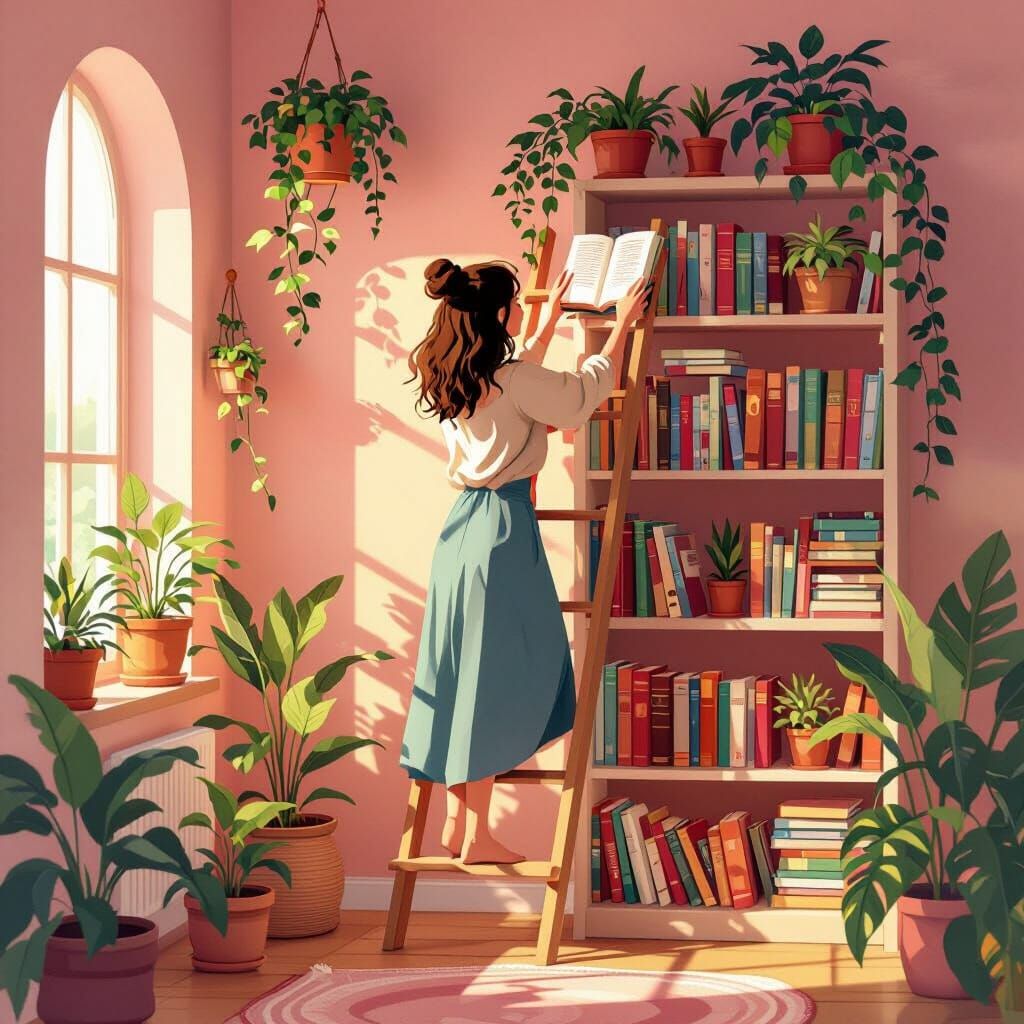 Cozy Book Nook Illustration with Woman on Ladder