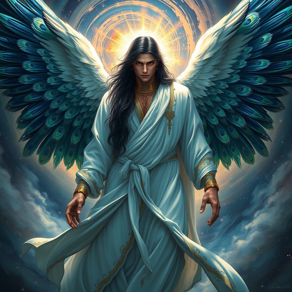 Majestic Male Angel in Cosmic Vortex with Iridescent Peacock...