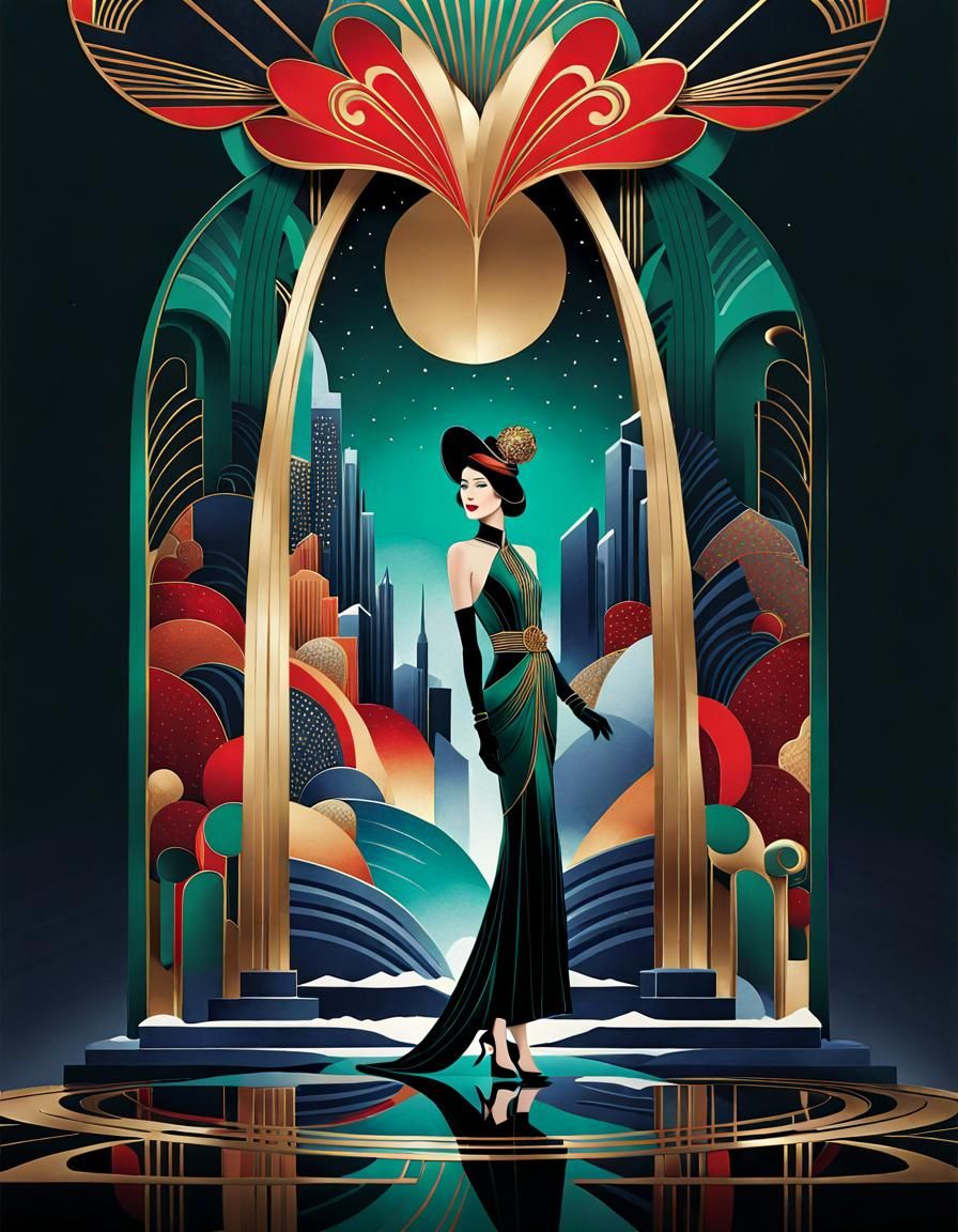 Art Deco Winter Fashion Illustration in Mokume Gane Style