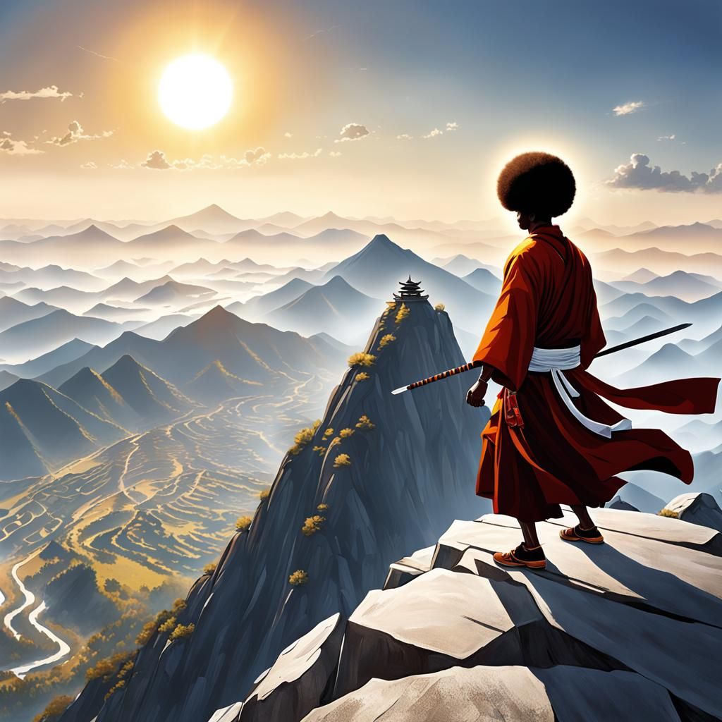 Afro Monk Training on Mountain at Sunrise