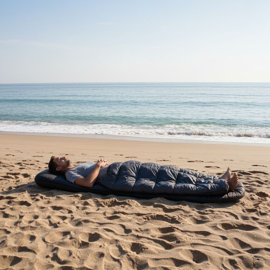 Man Relaxing Alone on Empty Beach with Sun