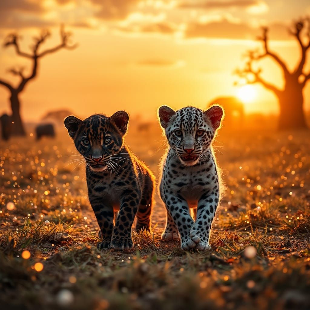Two Black and albino Leopard cubs with long hair playing Dust fireflies against light far away in horizon giraffe’s ele...