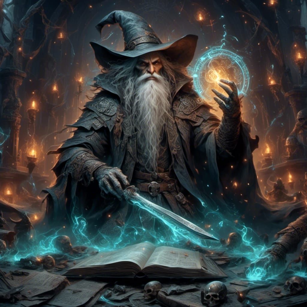 Ancient Elf Wizard in Dark Temple, Fantasy Art