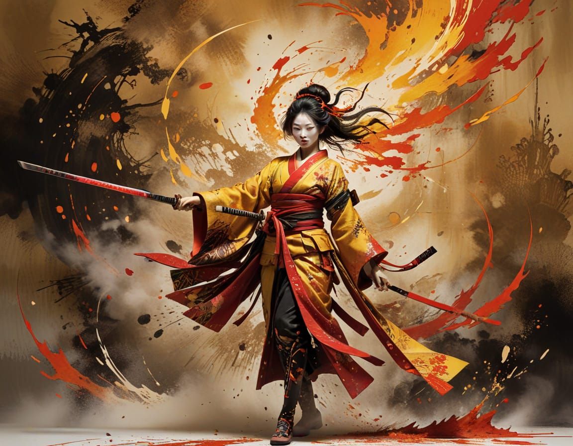 Warrior Geisha Strikes with Fiery Katana in Bold, Dynamic Ar...