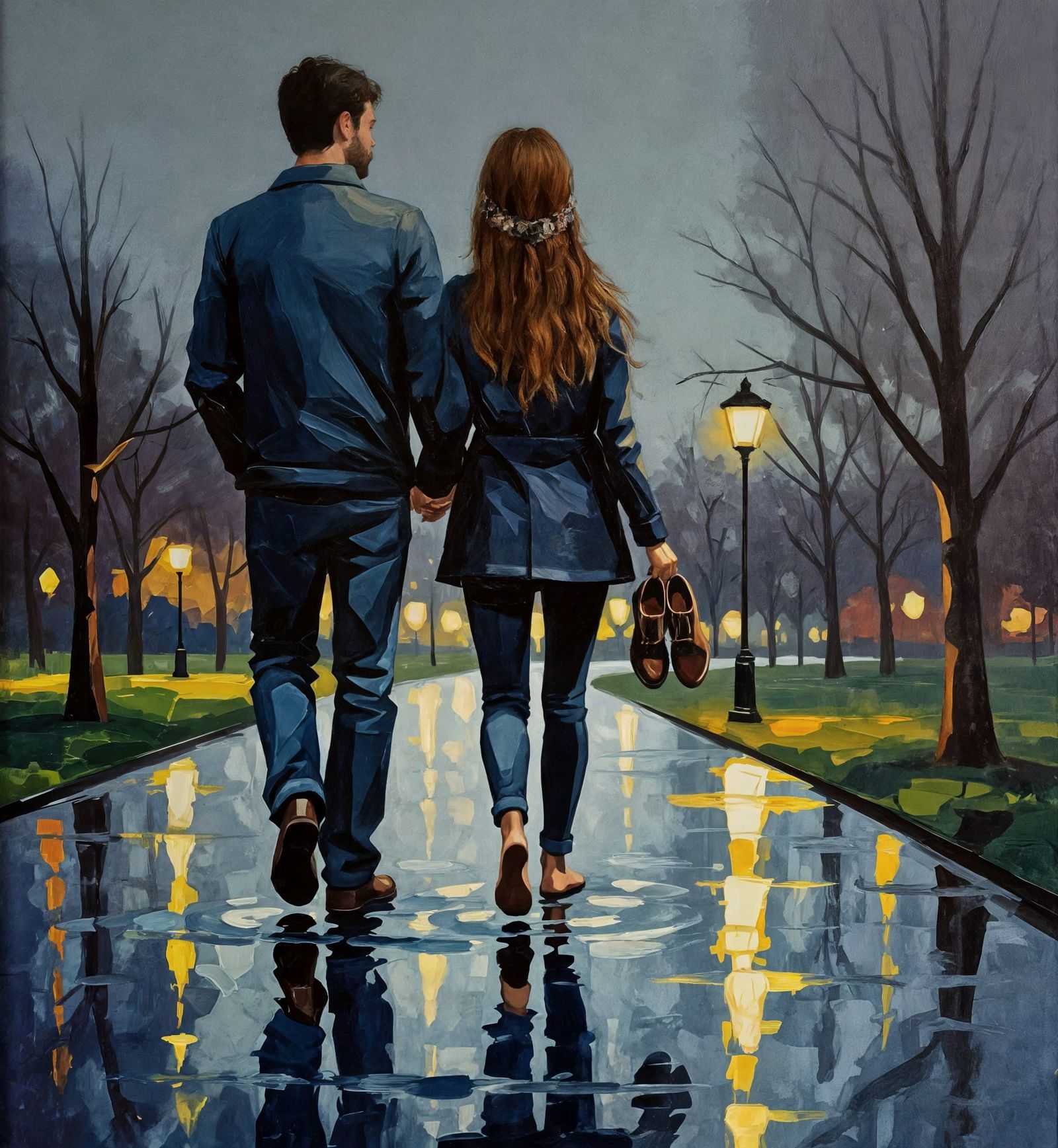 Rainy Park Walk: Impasto Oil Painting of Barefoot Figure