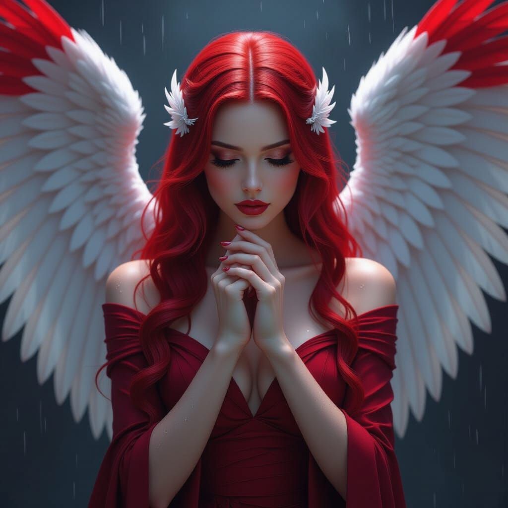 Ethereal Woman with Red & White Wings in Dark Fantasy Style