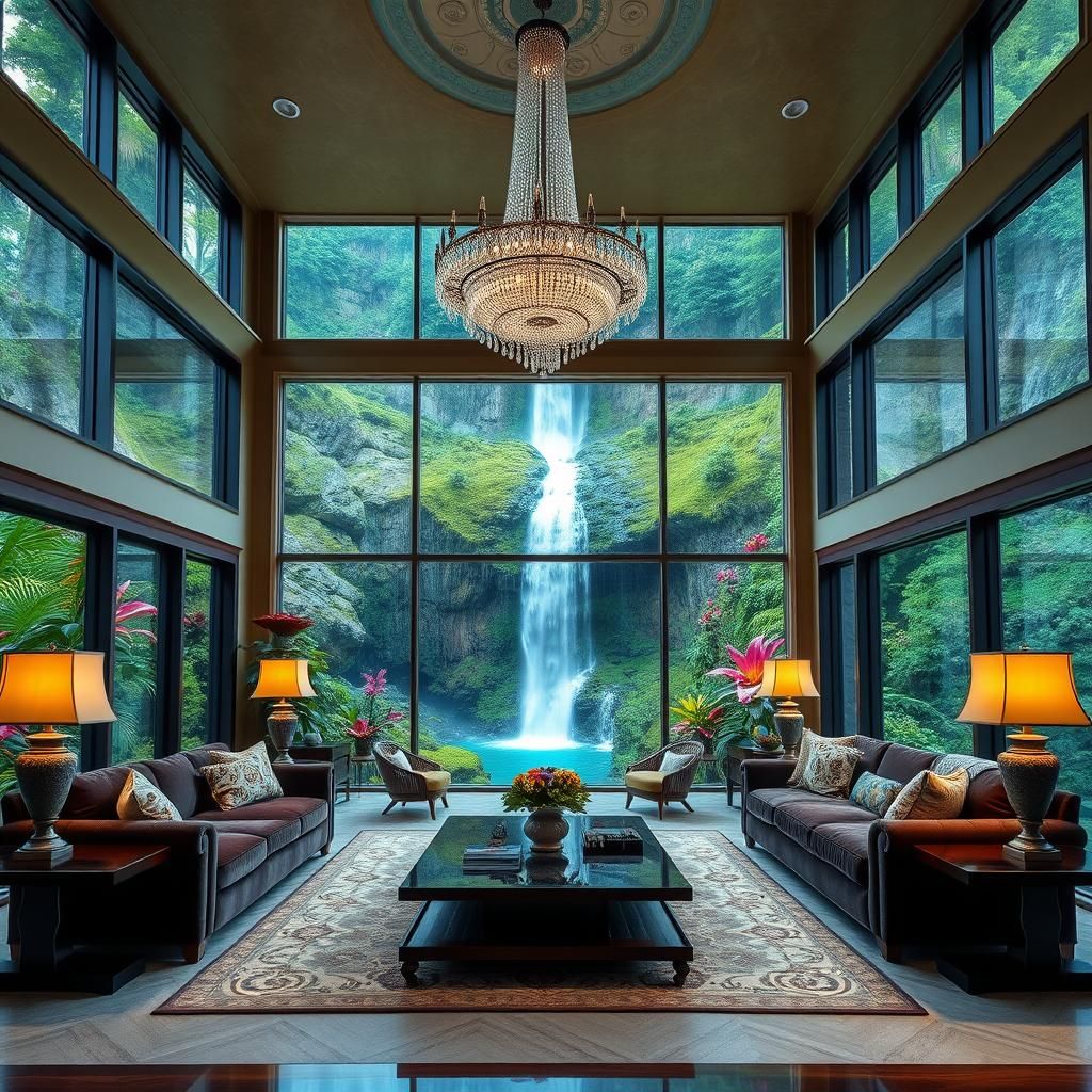 Sumptuous Living Room with Waterfall View