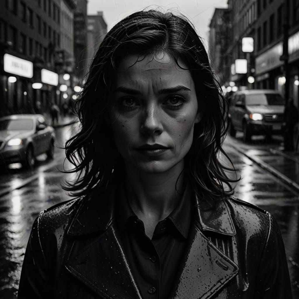 Moody Film Noir Portrait of Lois Lane in Rainy City Streets
