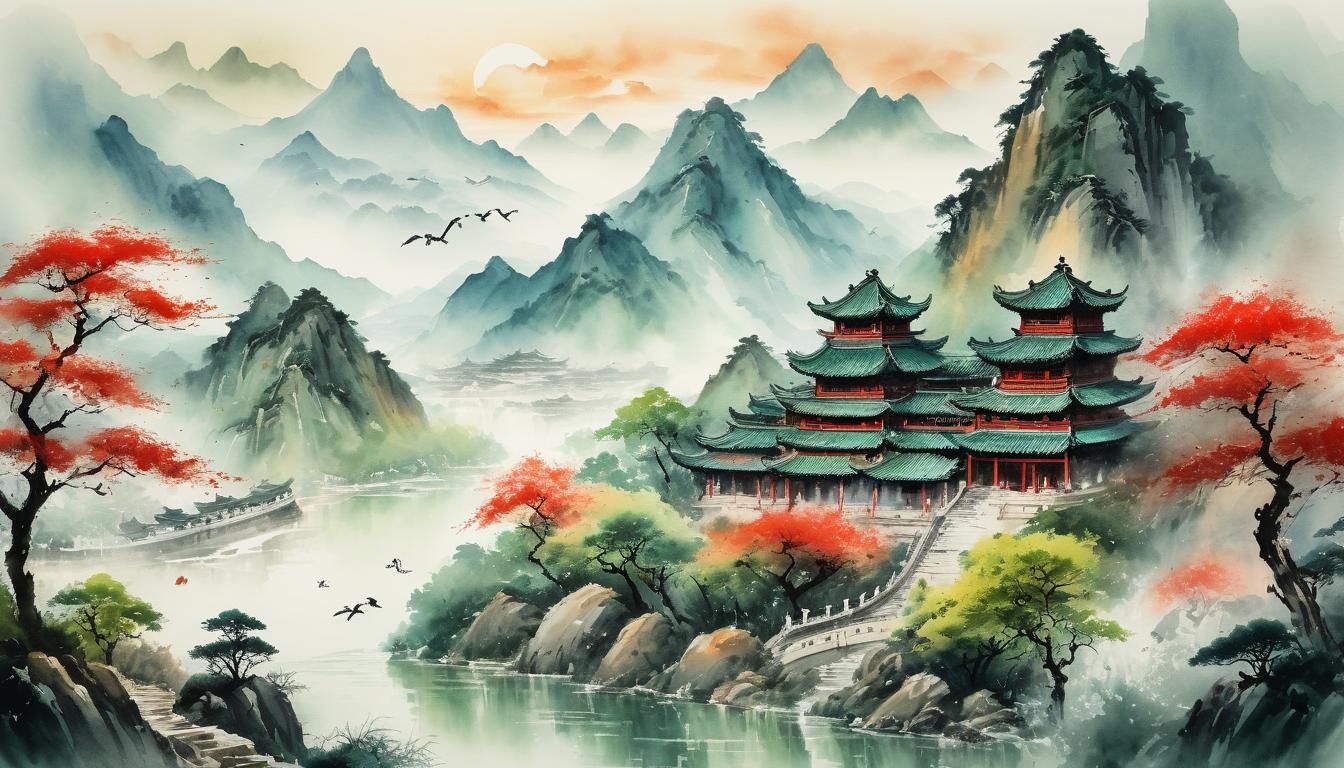 Chinese Dragon Soaring Over Mountains in Watercolour