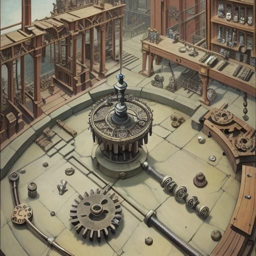 Complex Steampunk Machine of Stone, Steel and Wood