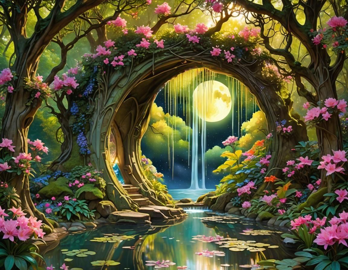 Enchanted Reflecting Pond with Waterfall at Night