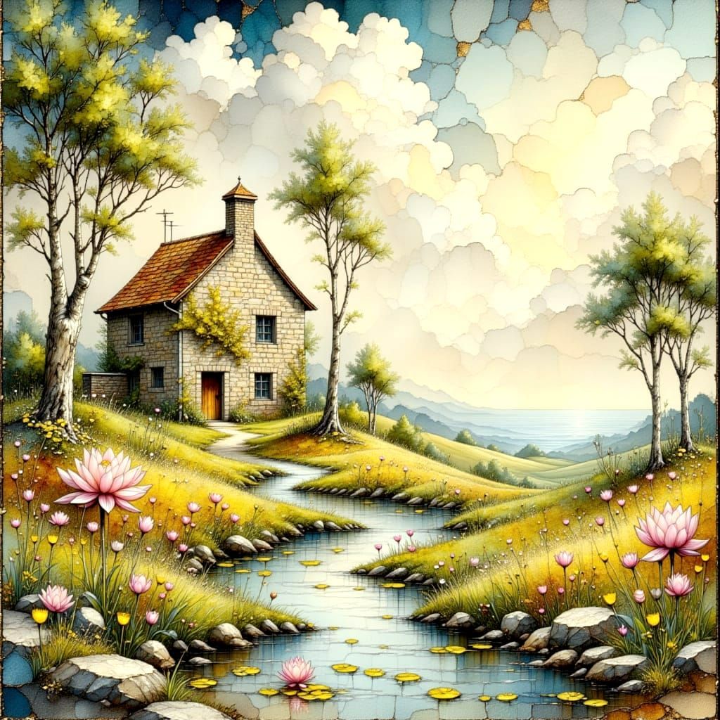 Whimsical Pastel Landscape with Farmhouse and Sea
