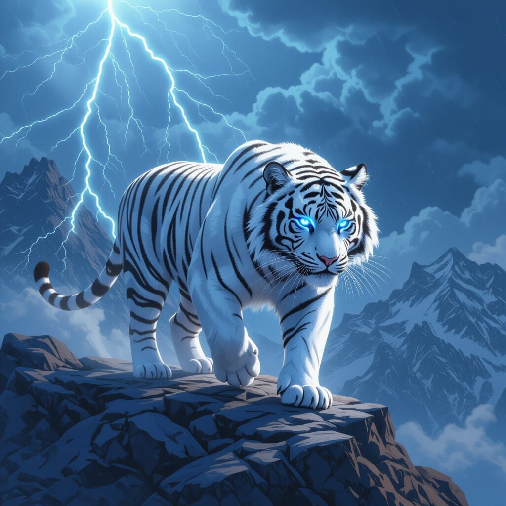 White Tiger Prowls Mountain Peak in Surreal Photorealism