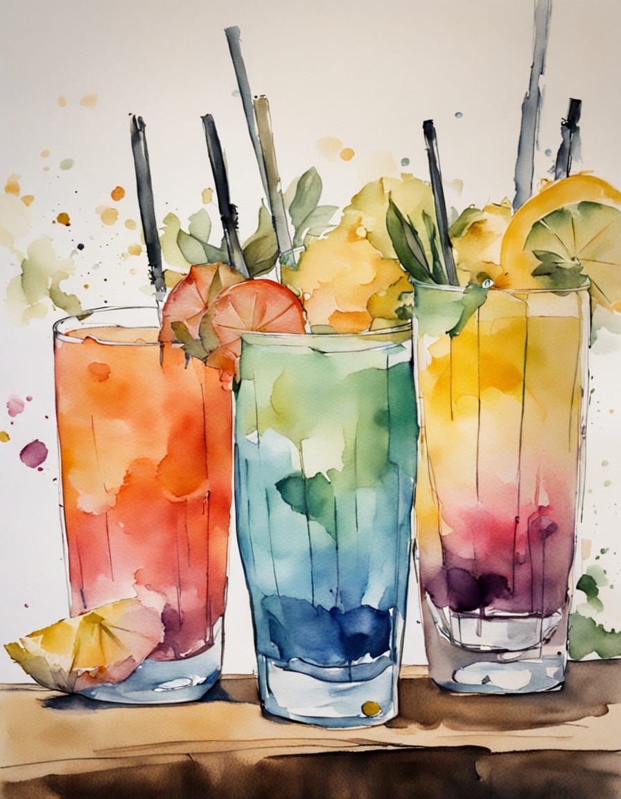 Whimsical Watercolor Still Life of Colorful Cocktails
