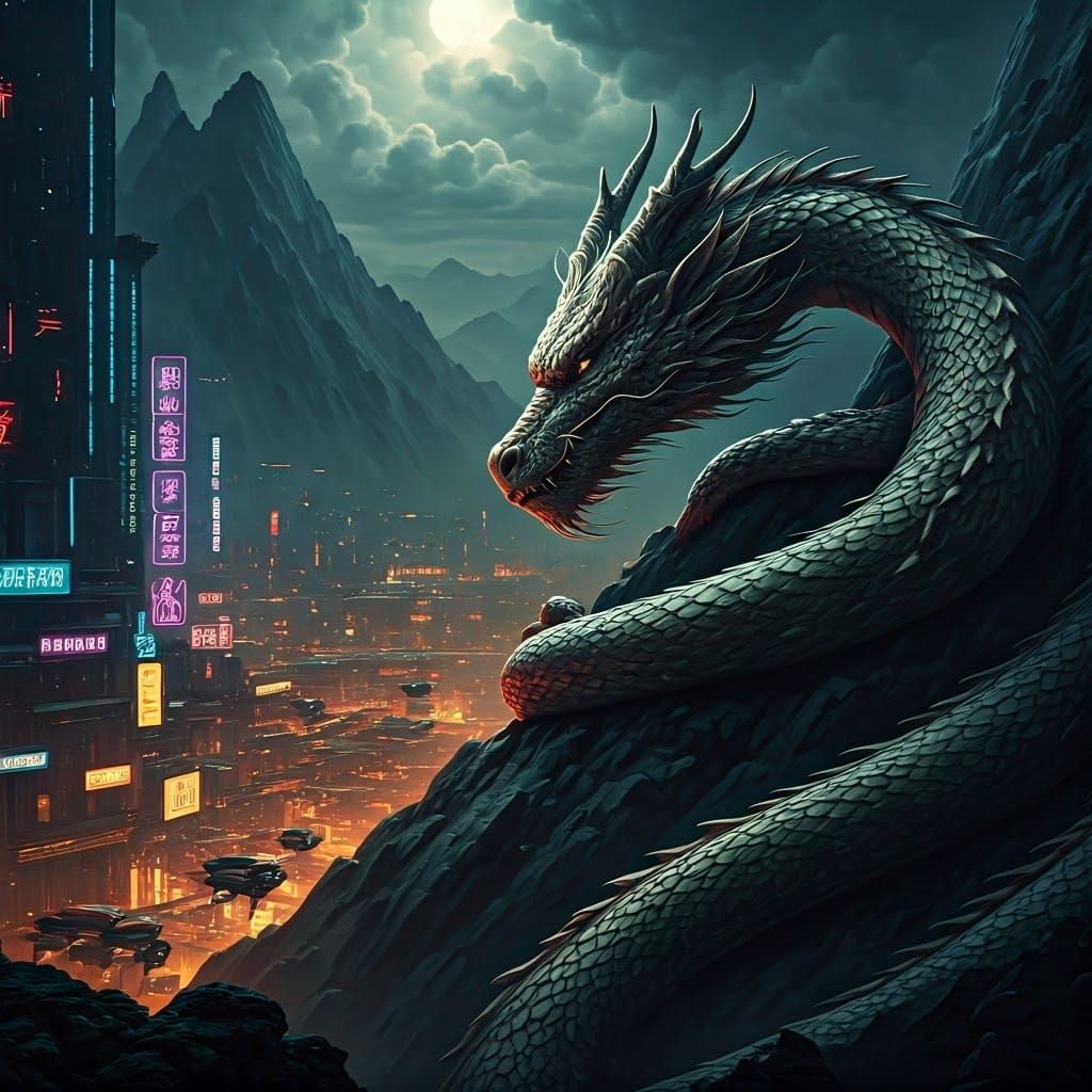 Dragon Guardian Overlooks Neon City, Fantasy Concept Art