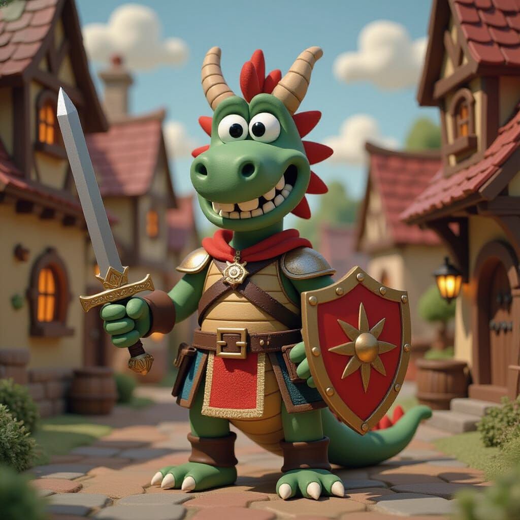 Claymation Dragon Cavalier in Medieval Village