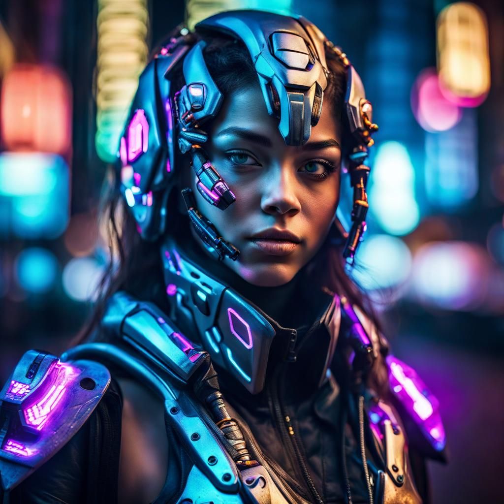 Cyborg Girl Portrait in Neon City at Night