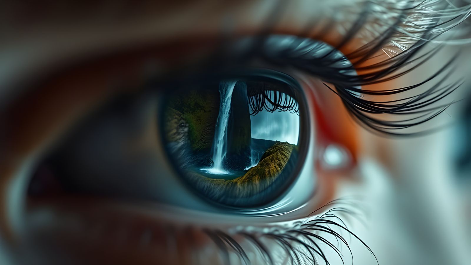 Human Eye Reflecting Waterfall in Double Exposure