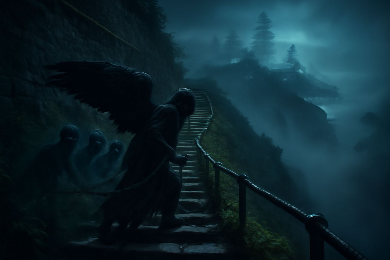 Angelic Figure Ascends Mountain with Ghostly Procession