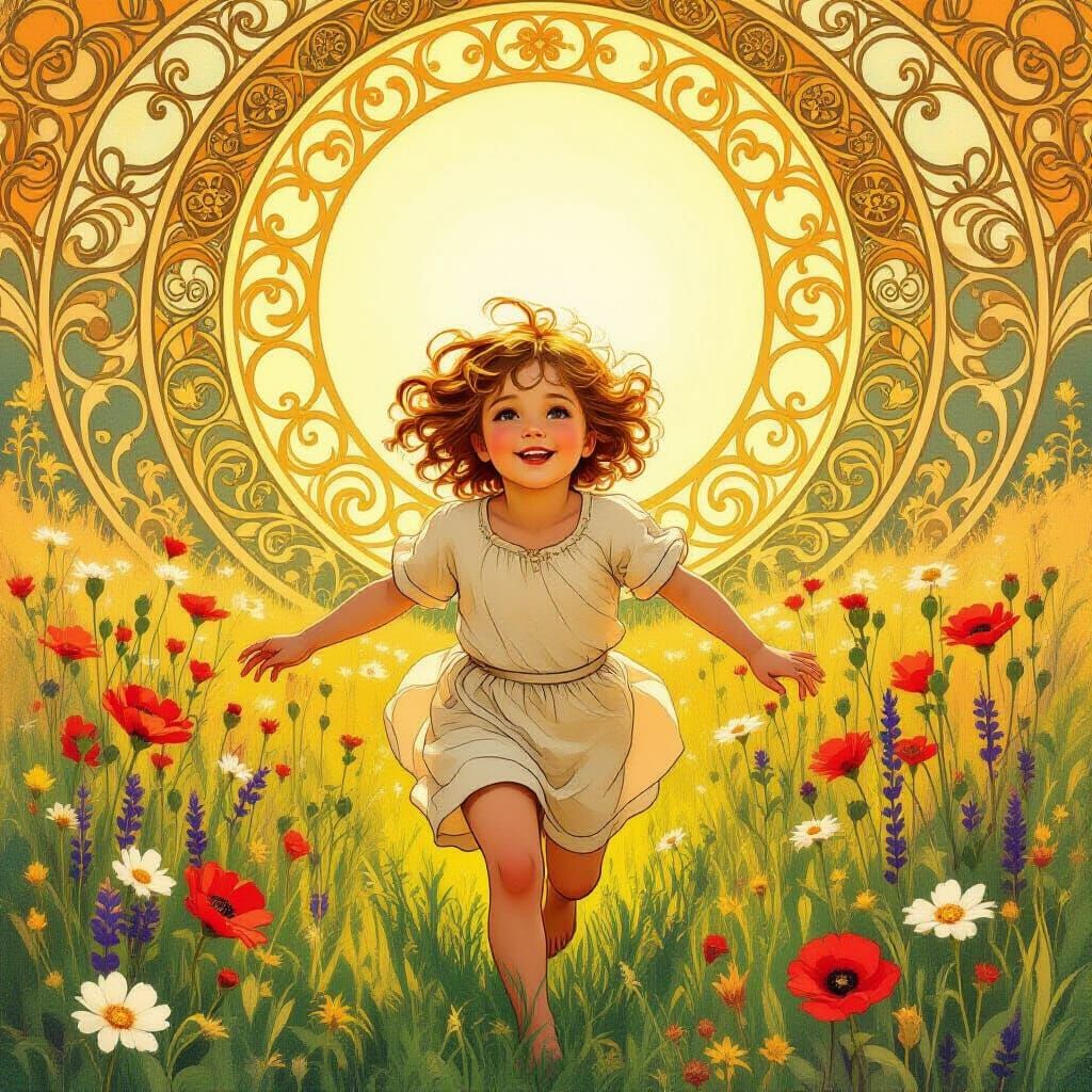 Art Nouveau Meadow Scene With Joyful Child