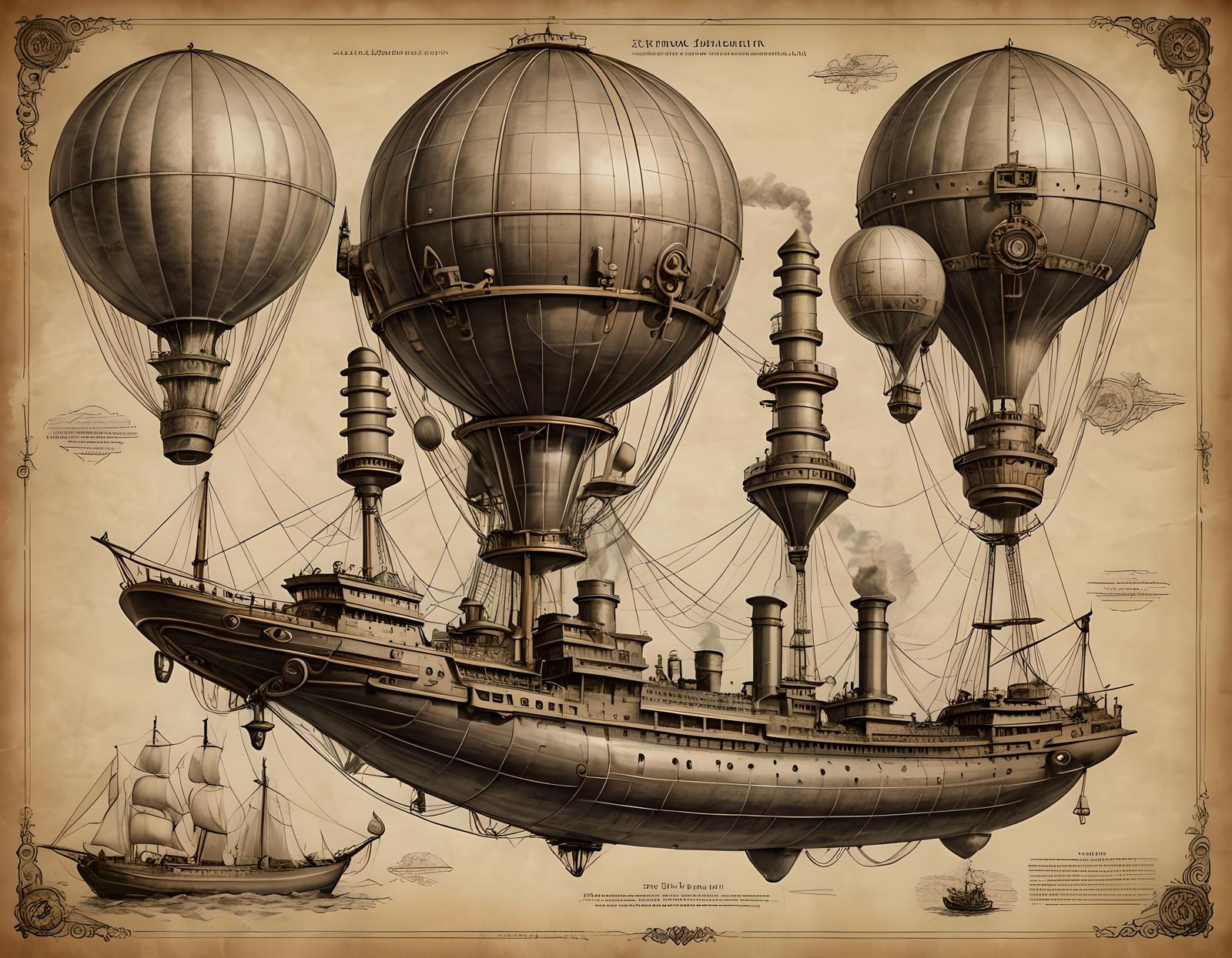 Steampunk Ocean Liner with Air Balloons on Parchment