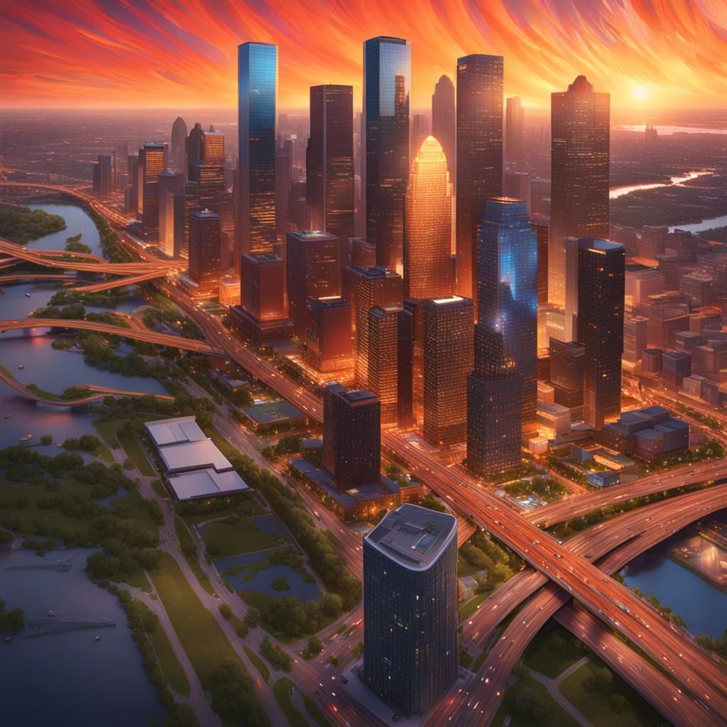 Houston Skyline Portrait at Sunset in Digital Art Style