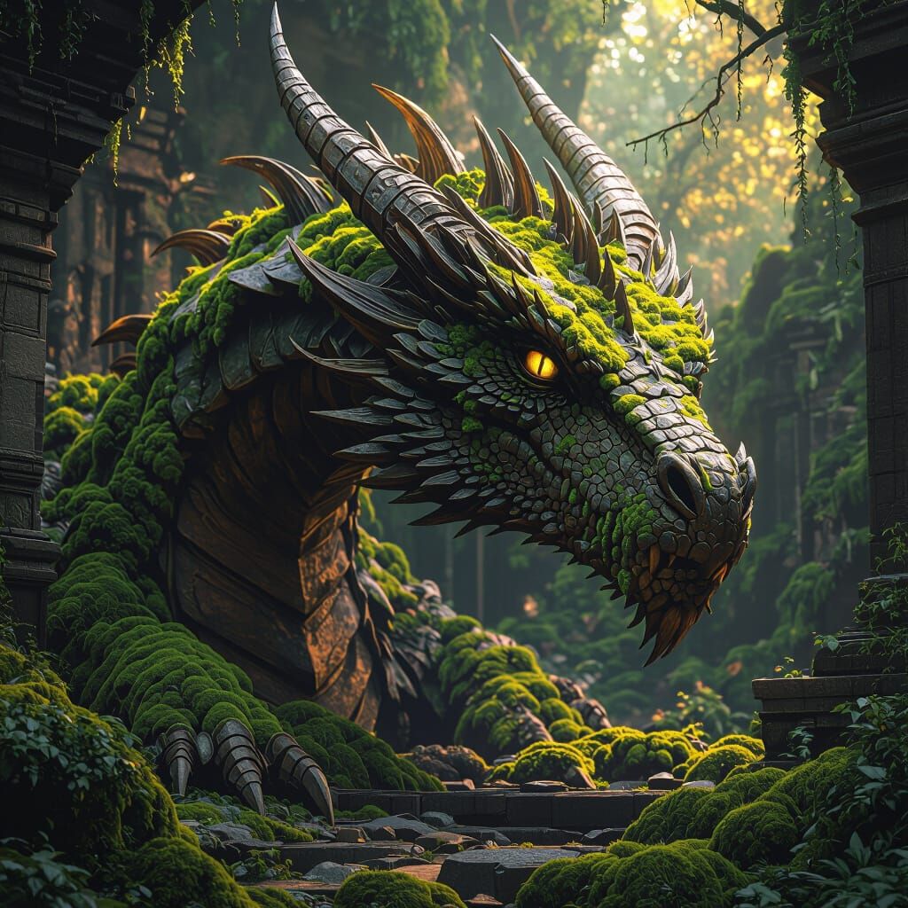 Moss-Covered Dragon Remains in Dark Fantasy Style