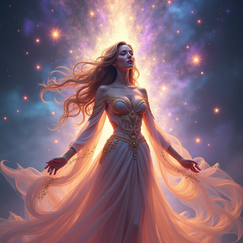 Radiant Woman in Mystical Realm: Fantasy Concept Art