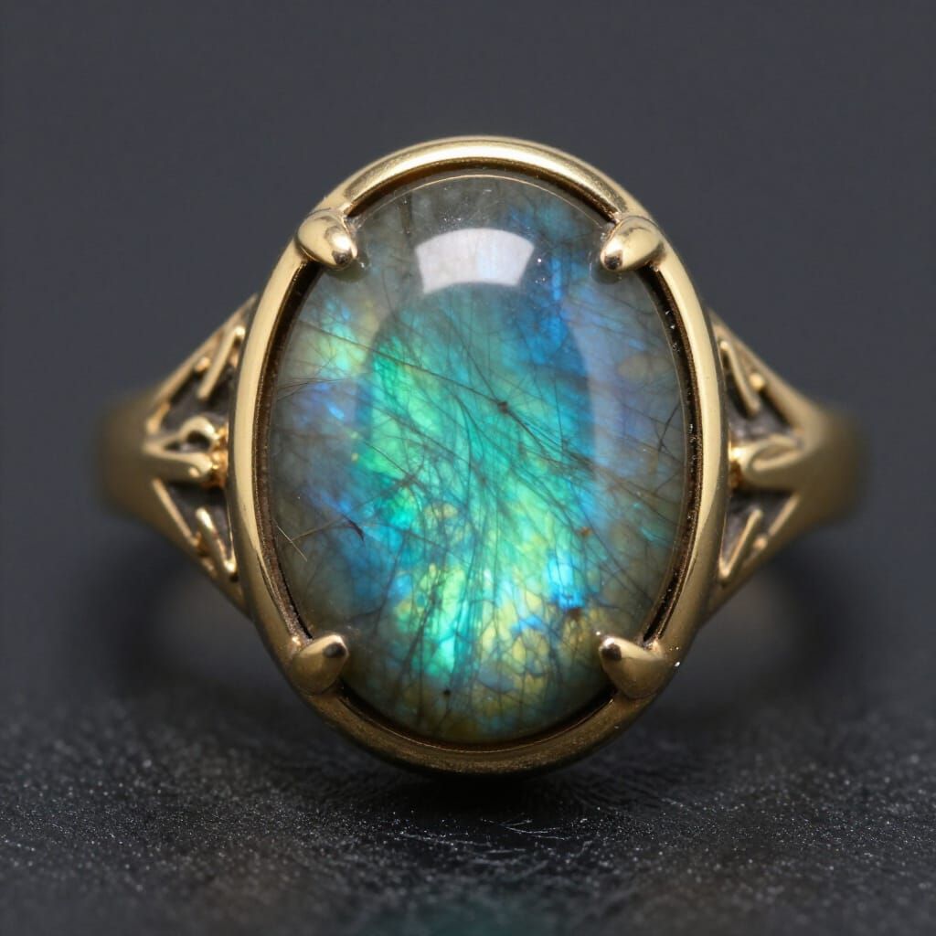 Labradorite Signet Ring with Ornate Gold Band