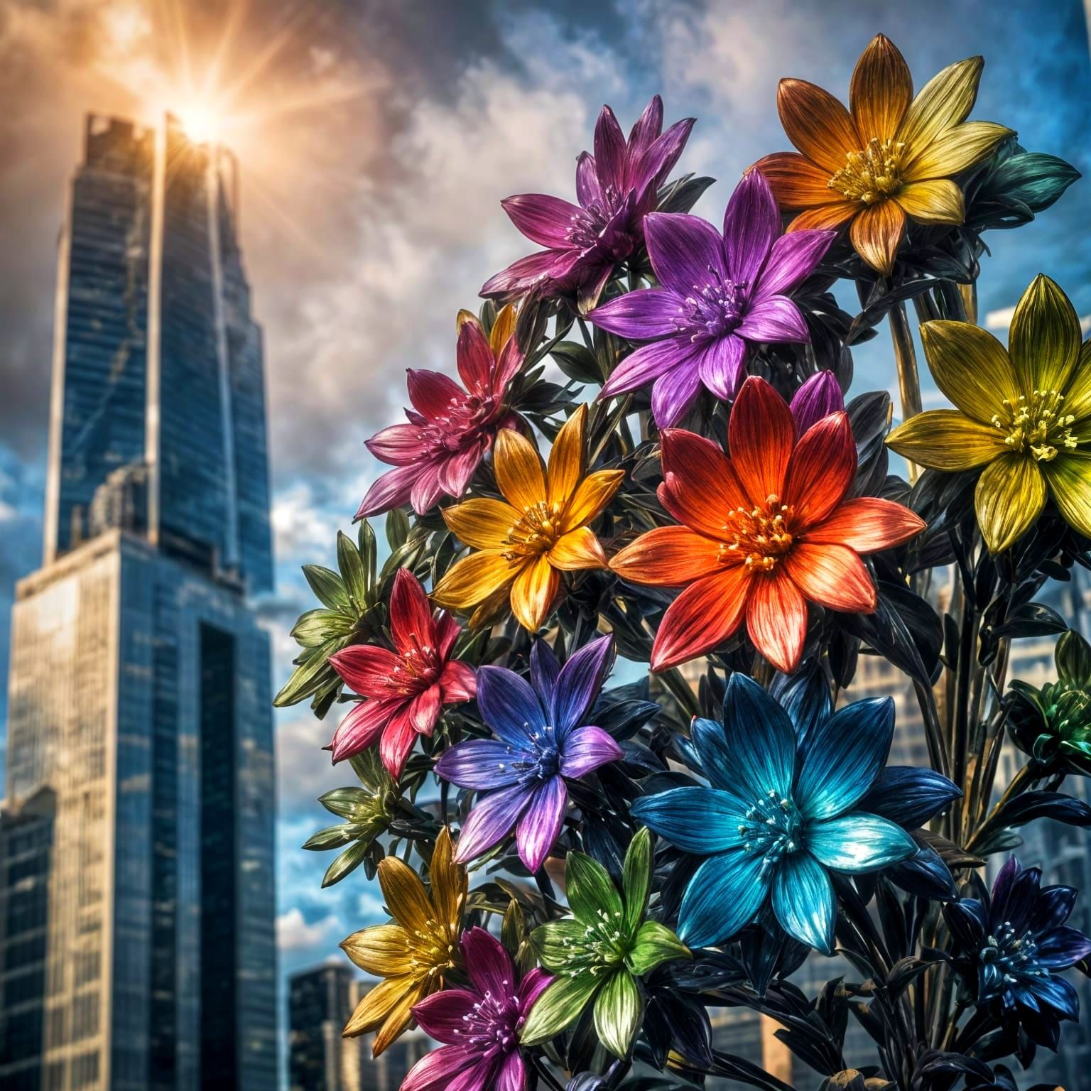 Rainbow Metallic Flowers on Skyscraper