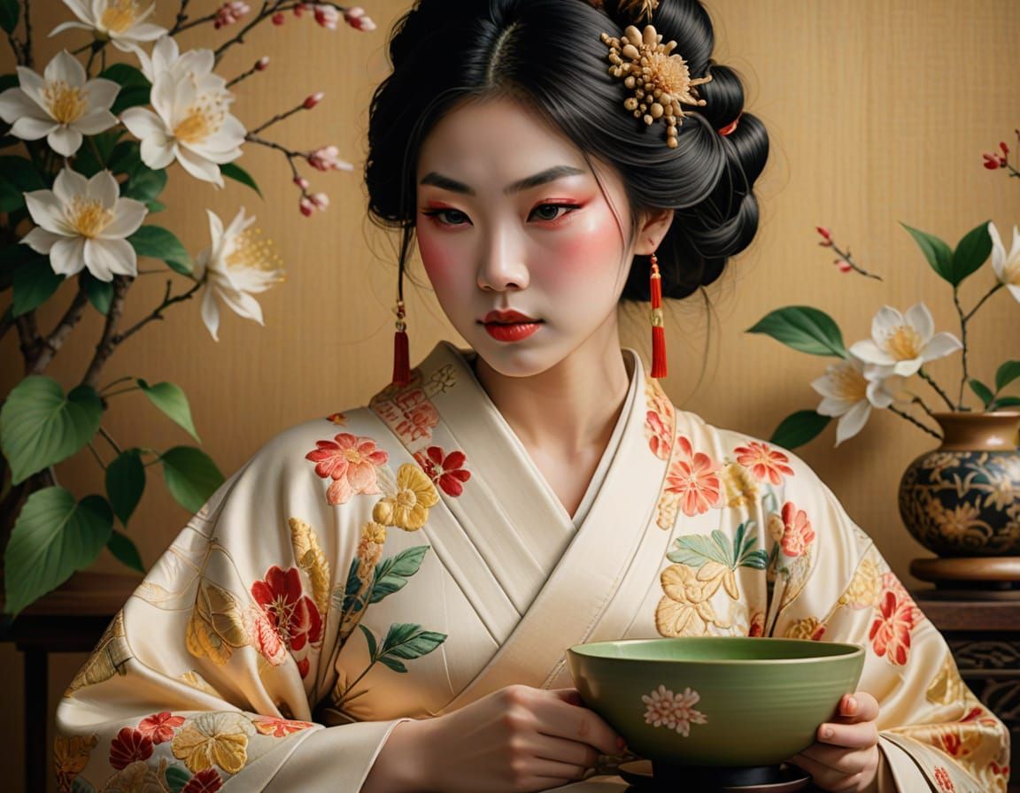 Hyperrealistic Japanese Geisha in Traditional Kimono