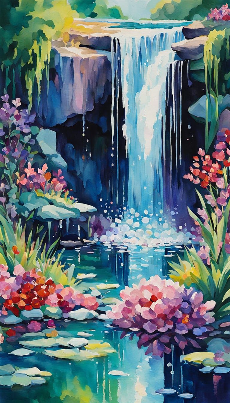 Flowers at Pond with Gemstones: Gouache Style