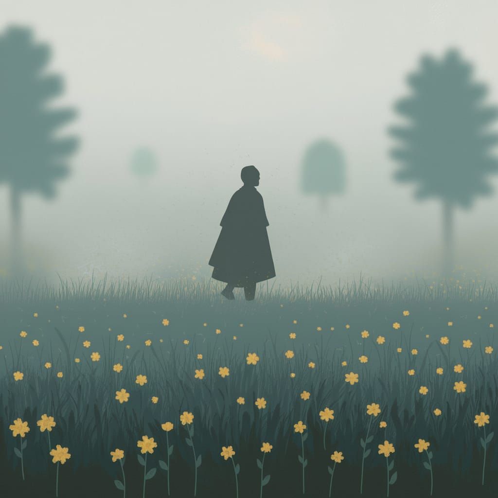 Figure in Muted Foggy Landscape with Wildflowers