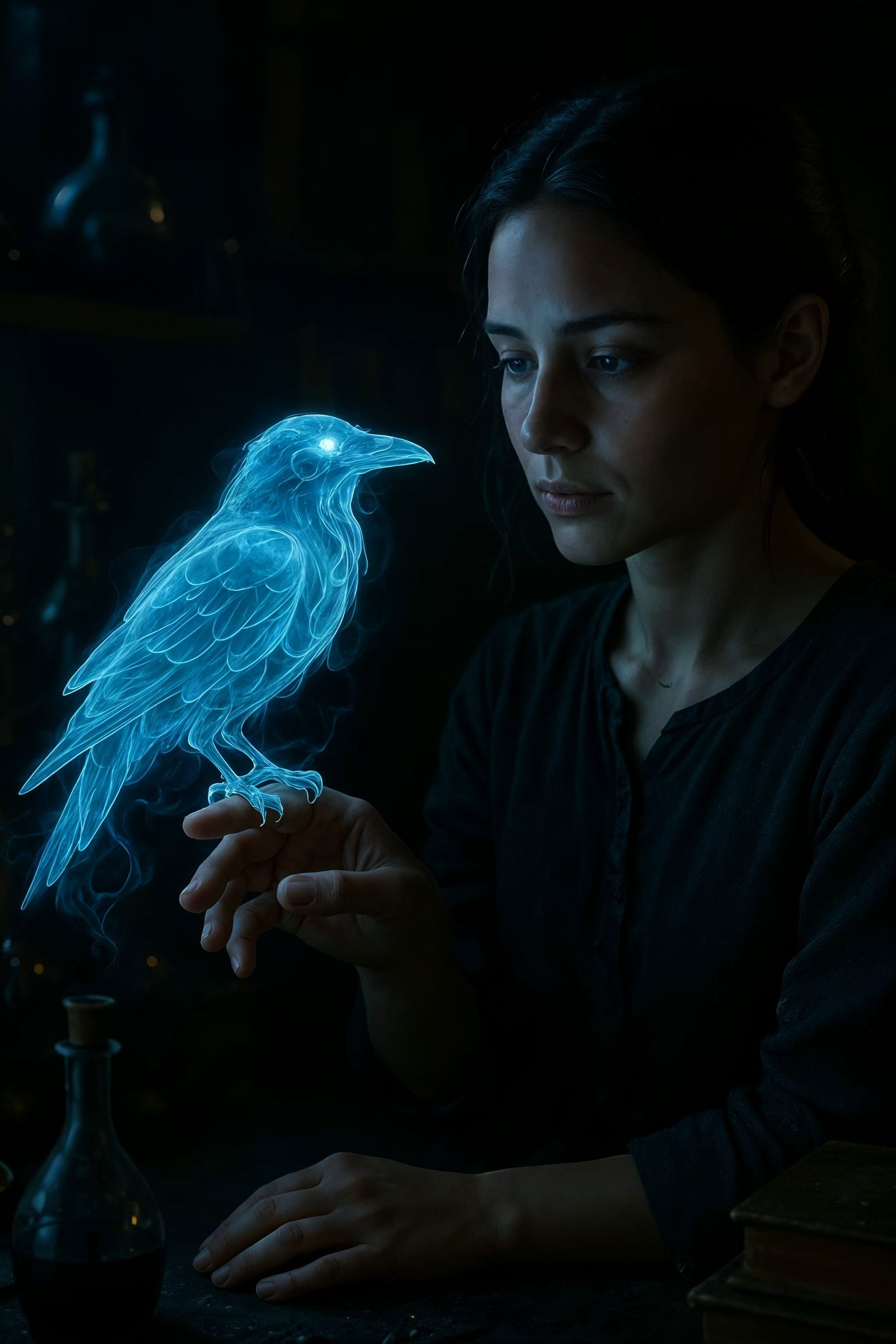 Ethereal Raven Perched in Alchemist's Laboratory