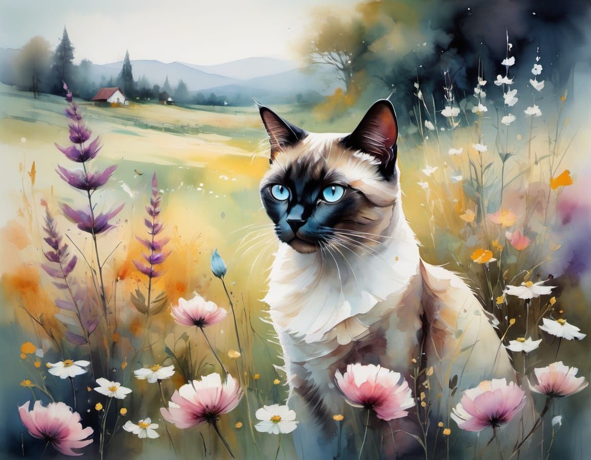 Impressionist Siamese Cat in a Blooming Meadow