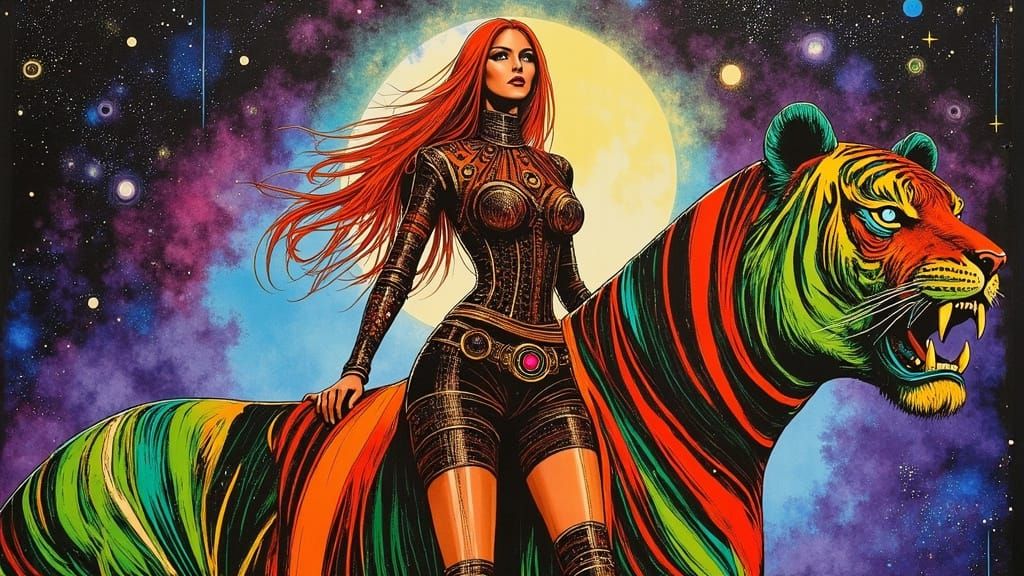 Regal Warrior Queen Red Sonja Rides a Striped Tiger