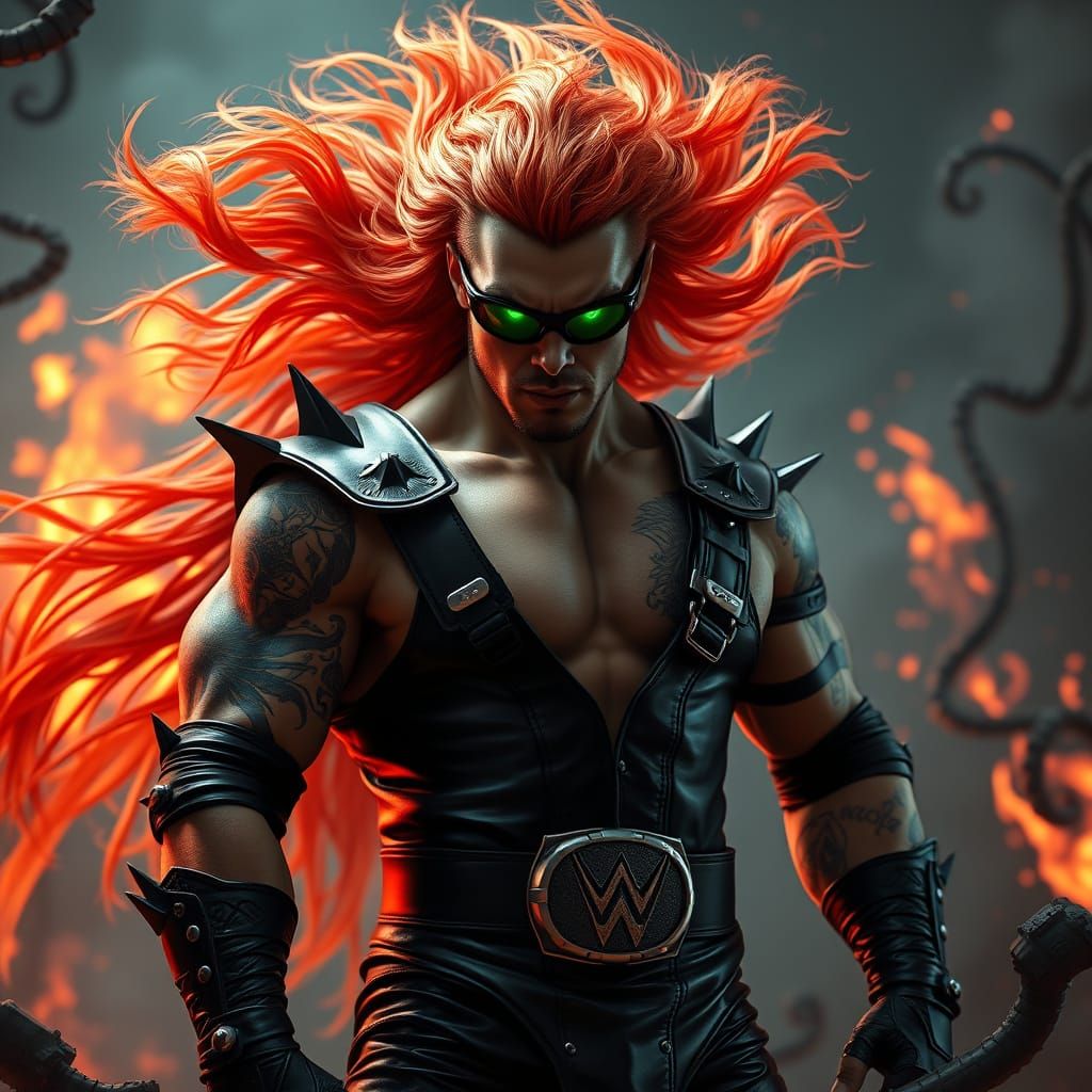 Muscled Warrior in Gothic Leather, Neon Sunglasses, and Trib...