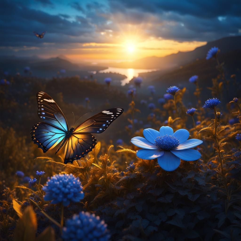 Butterfly and Mystical Flower at Sunset in 8K