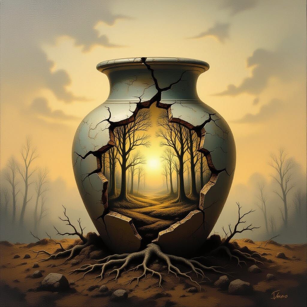 Ancient Jar Radiates Light in Surreal Forest Landscape